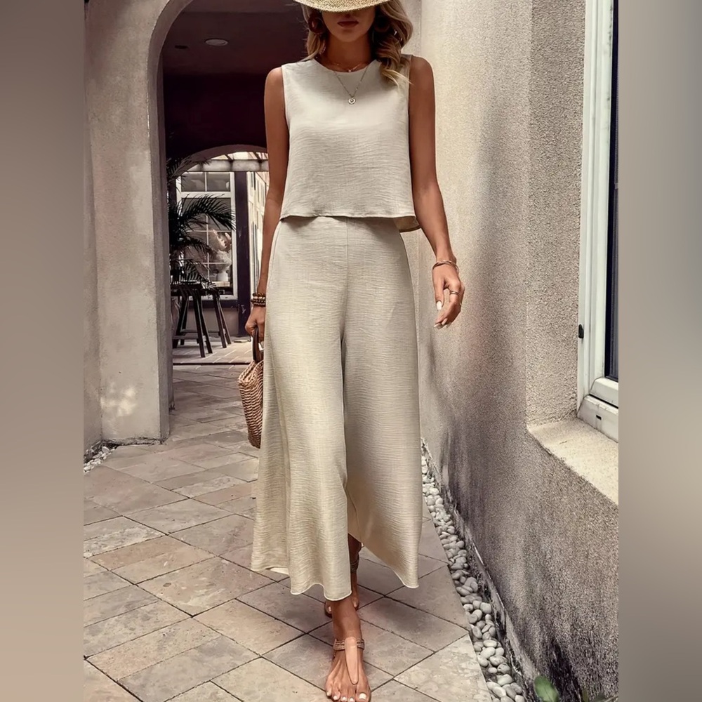 Apricot Elegant Pants Set, Crew Neck Tank Top & Wide Leg Pants Outfits - Picture 2 of 6